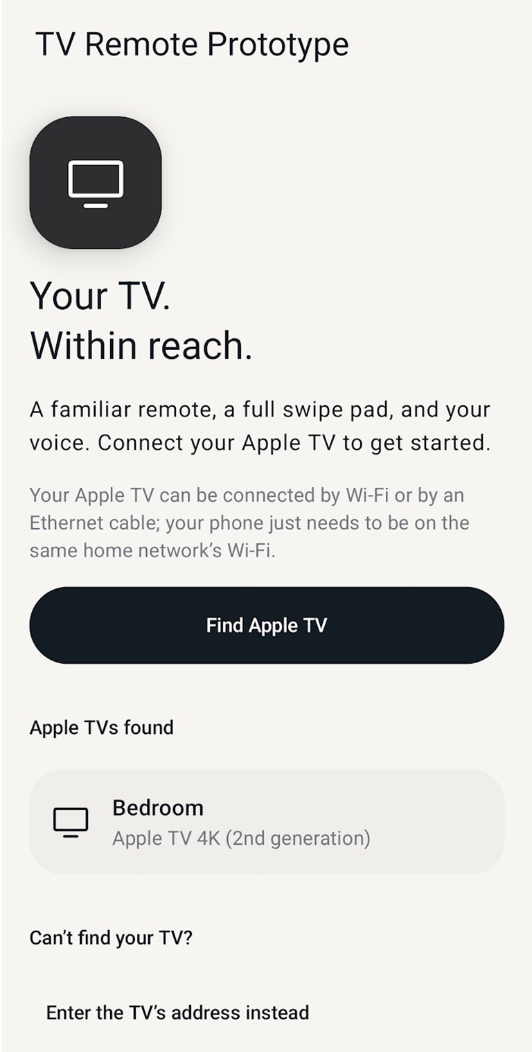 True Remote welcome screen for discovering and connecting to an Apple TV