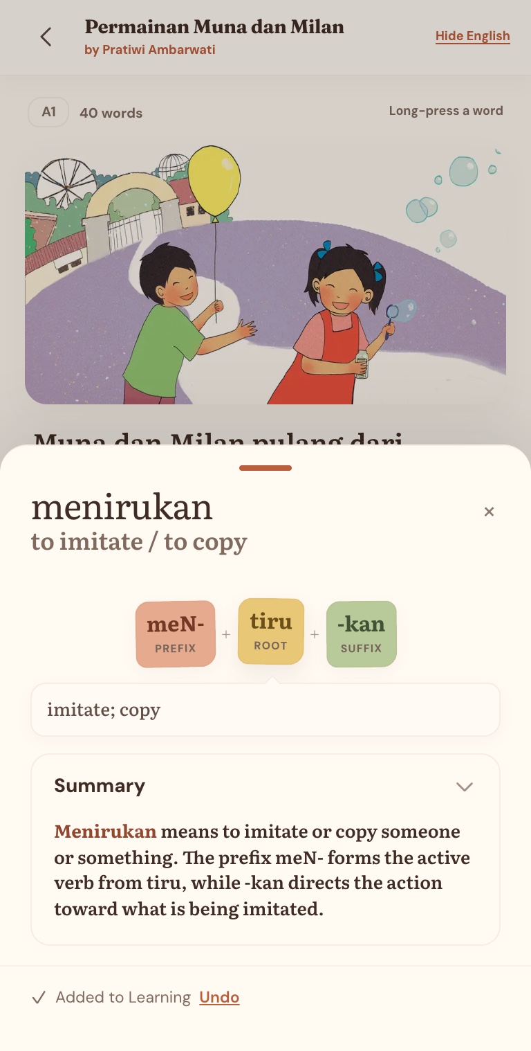 A plain-language breakdown of the Indonesian word menirukan