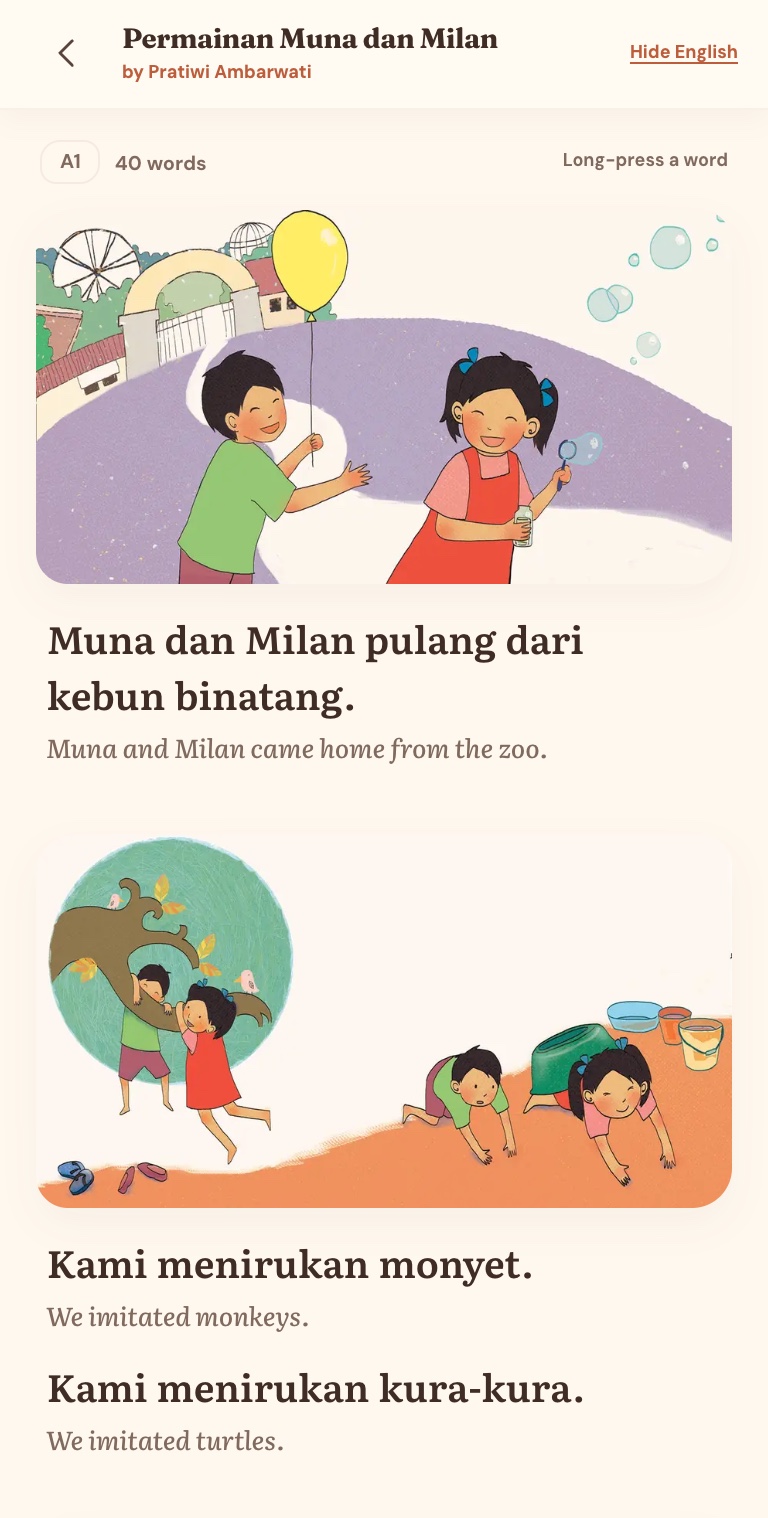 An illustrated Indonesian story with an English translation