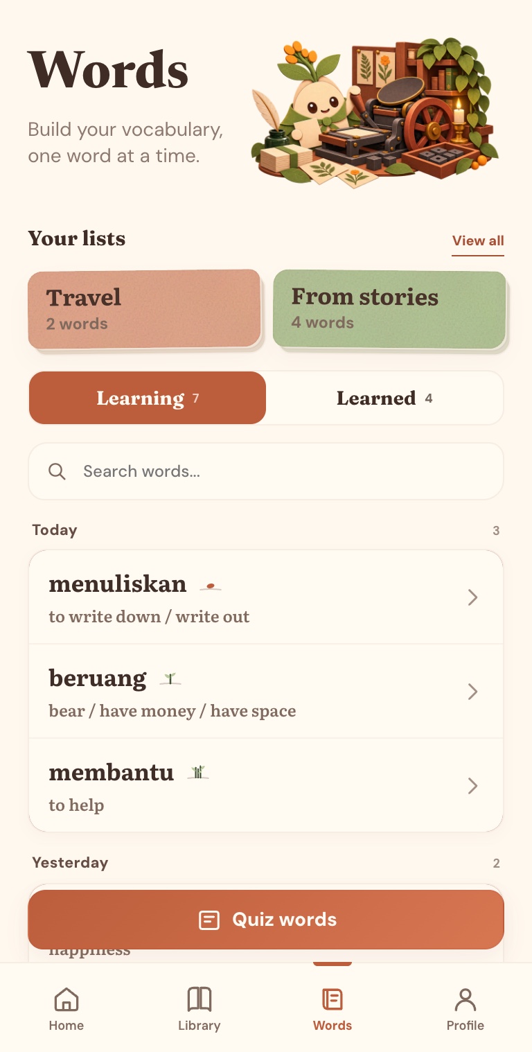 Saved Indonesian vocabulary in the learning and learned word lists
